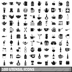 100 utensil icons set, simple style 