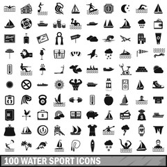 100 water sport icons set, simple style 