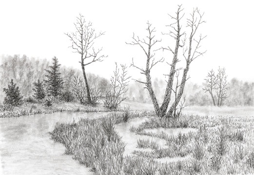 how to draw easy pencil sketch scenery,landscape pahar and river side scenery  drawing for beginners, - YouTube