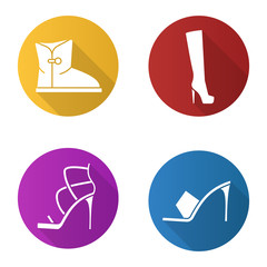 Women's footwear flat design long shadow icons set