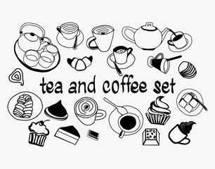 Hand drawn Sweet collection set with tea pot, coffee,cups, mugs, piece of cake and other dishes.
