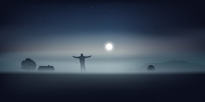 paysage - clair de lune - brume - homme seul -sauvage - maison isolée - nuit 