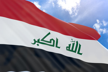 3D rendering of Iraq flag waving on blue sky background