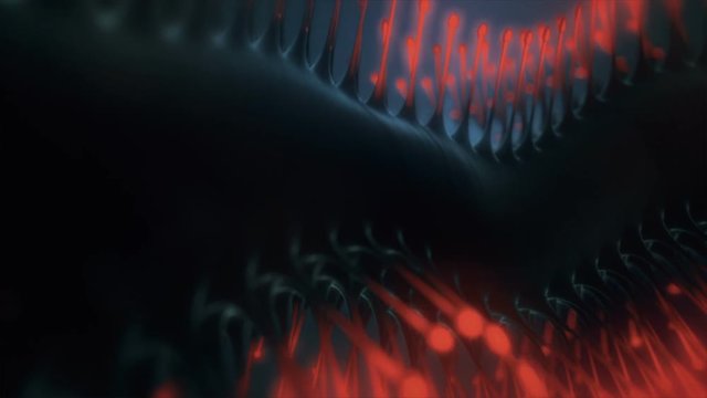 Strange organic crawling black shape with red  glowing spikes. Looping.
