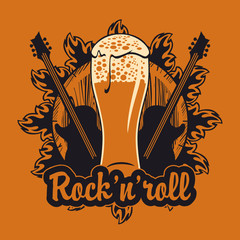 vector banner for the pub with live music.Illustration with a wooden keg, beer glass, guitars and inscription rock and roll in retro style