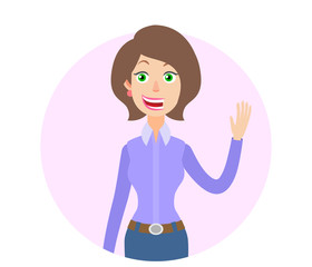 Businesswoman raised a hand in greeting