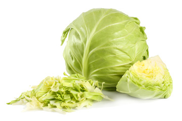 Cut green cabbage isolated on white background