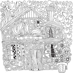 Fantastic rural house and flowers in pots. Doodle, zentangle style. Black and white.