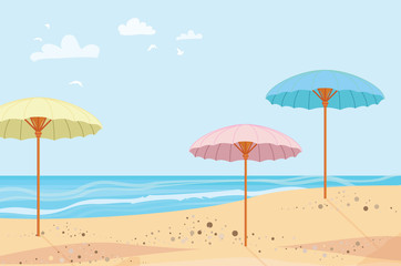 Fototapeta na wymiar Summer outdoor. Parasols. Sea and sand. Summertime. Beach rest. Vector