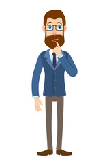 Thoughtful Hipster Businessman standing with his finger to his lips