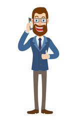 Hipster Businessman talking on mobile phone and showing thumb up
