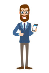 Hipster Businessman holding mobile phone and showing thumb up