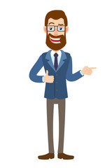 Hipster Businessman showing thumb up and pointing something beside of him