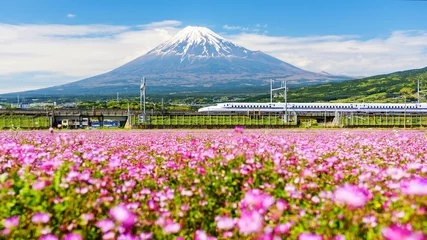 Crédence de cuisine en verre imprimé Mont Fuji Le Shinkanzen passe devant le mont Fuji