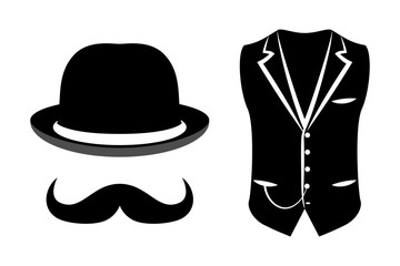 set of black and white vector items of a gentleman on a white background