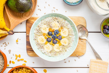 Top View of Healthy Paleo Raw Avocado Banana Smoothie Bowl