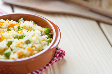 Rice with Carrot and Peas in the Brown Bowl, Free Space for Text