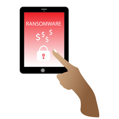 Hand touching tablet trying unlock ransomware unsecure by hacker