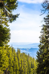 Winter mountains panorama with snowy peaks of Ukrainian Carpathians.