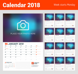 Wall Calendar Planner for 2018 Year. Set of 12 Months. Vector Print Template with Place for Photo. Week Starts on Monday. 2 Months on Page