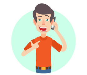 Man pointing his finger at the mobile phone that he talks