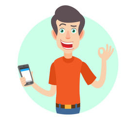 Man holding mobile phone and showing a okay hand sign