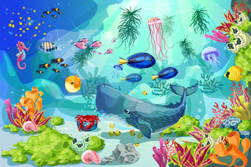 Fototapeta premium Kreskówka szablon morskiego krajobrazu podwodnego