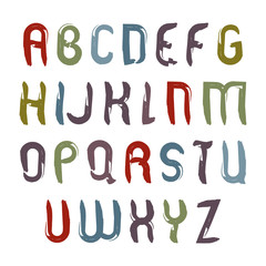 Vector calligraphic retro font, handwritten watercolor capital letters isolated on white, acrylic shiny typeface drawn with ink brush, cartoon font.