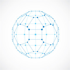 Abstract 3d faceted figure with connected black lines and dots. Vector low poly blue design element created with squares and pentagons. Cybernetic orb shape with grid and lines mesh.