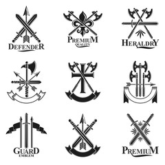 Fototapeta premium Vintage Weapon Emblems set. Heraldic signs vector vintage elements collection.
