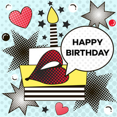 Happy birthday background in pop art style with red lips and speech bubble. Vector greeting comic style illustration