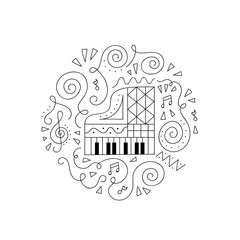 Doodle Piano. Jazz festival coloring page. Decorative vector illustration.