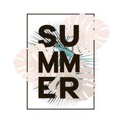 Summer text in black frame with tropical leaves on white background. Vector template