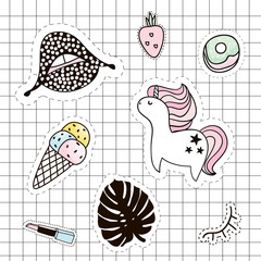 Fashion patches set. Lips,unicorn,palm branch,ice cream,lipstick,lips,lashes,eye,strawberry. Vector elements