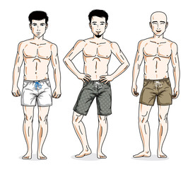 Handsome men posing with athletic body, wearing beach shorts. Vector characters set. Lifestyle theme male characters.