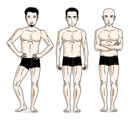 Confident handsome men group standing in black underwear. Vector diversity people illustrations set. Athletic man with perfect body.