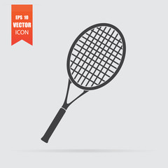 Tennis racquet icon in a flat style, isolated on a gray background.