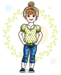 Happy little redhead girl posing on spring background with green leaves and wearing fashionable casual clothes. Vector character.