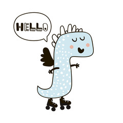 Cute Dinosaur doodle childish illustration say hello. Creative Dino with rollers perfect for kids apparel,nursery decor,poster,prints.Vector illustration