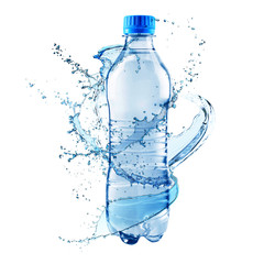 Bottle and water splashes on white background. Concept of clean drink