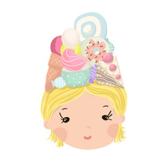 Cute little girl portrait with tasty sweets food on head. Summer illustration for kids apparel,poster,card