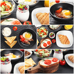 Collage of delicious food as background. Ideas for nutrient breakfast