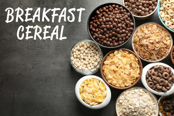 Bowls with different kinds of cereal breakfast on gray background