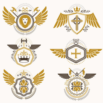 Vintage heraldry design templates, vector emblems created with bird wings, crowns, stars, armory and animal illustrations. Collection of vintage style symbols.