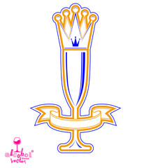 Majestic wineglass with golden monarch crown and curved ribbon, art goblet best for use in graphic design. Full glass of wine vector illustration. Lounge theme creative object, eps8.