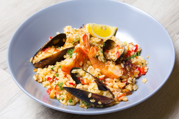 Paella with shrimps and mussels. Traditional Spanish dish