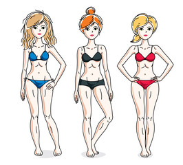 Happy attractive young women standing in colorful bikini. Vector people illustrations set.