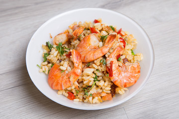 Paella with shrimps and mussels. Traditional Spanish dish
