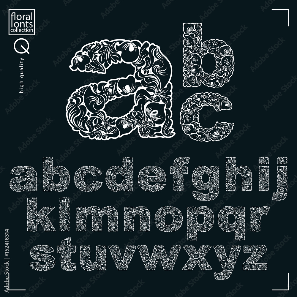 Poster set of vector ornate lowercase letters, flower-patterned typescript. black and white characters crea