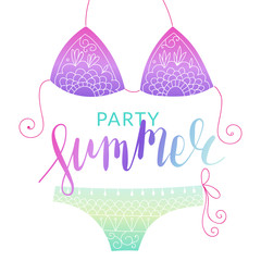 Summer bikini flyer with lettering. Can be used as card, invitation or poster - 152419359